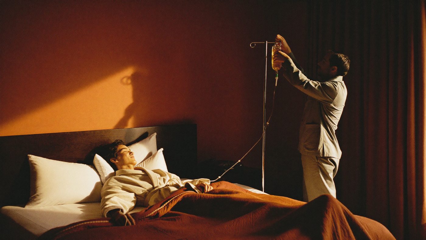 A registered nurse setting up a vitamin IV drip for a guest lying back in a hotel room